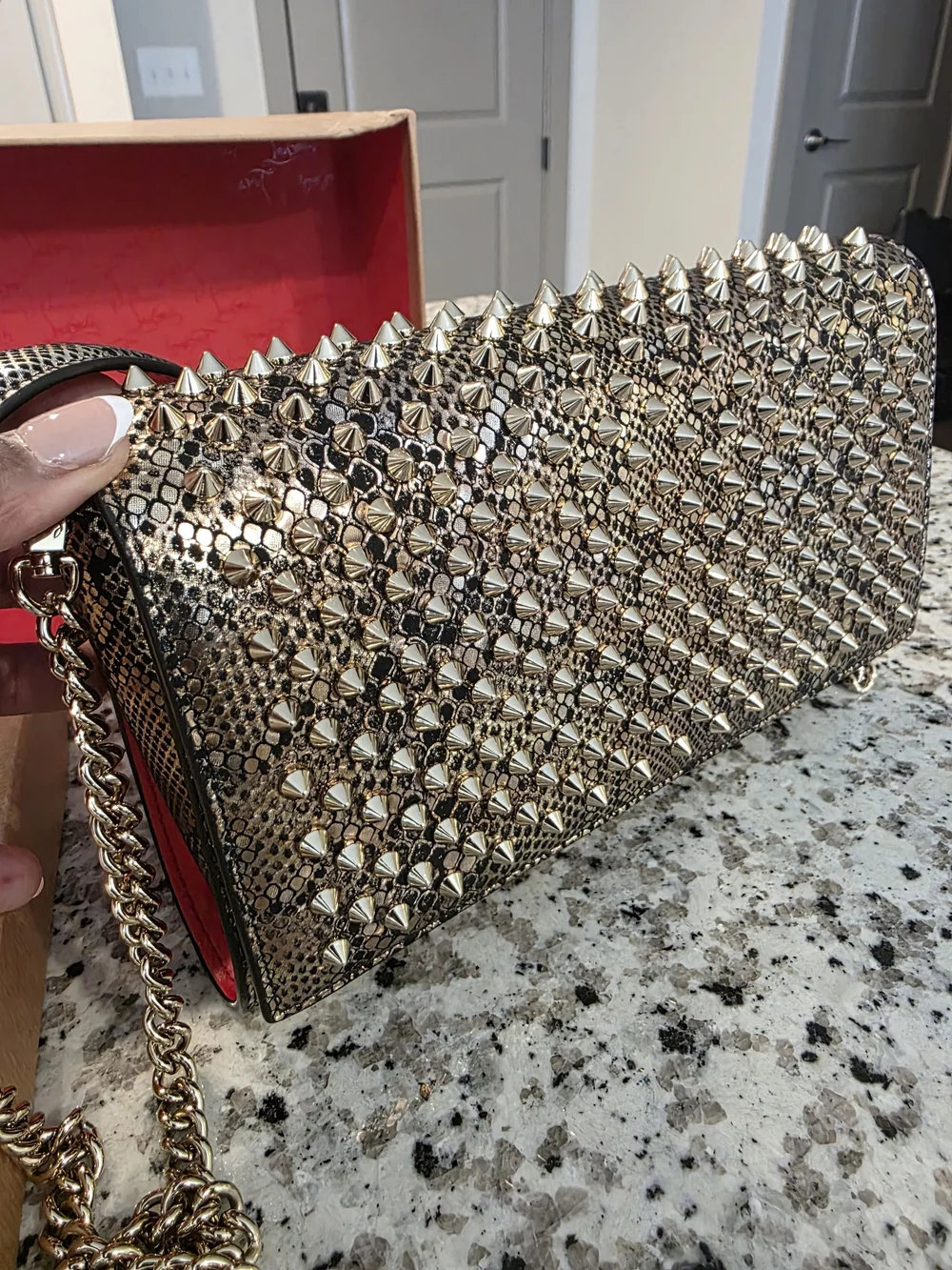 Gold Studded Snake-Texture Clutch with Pink Shoulder Pad